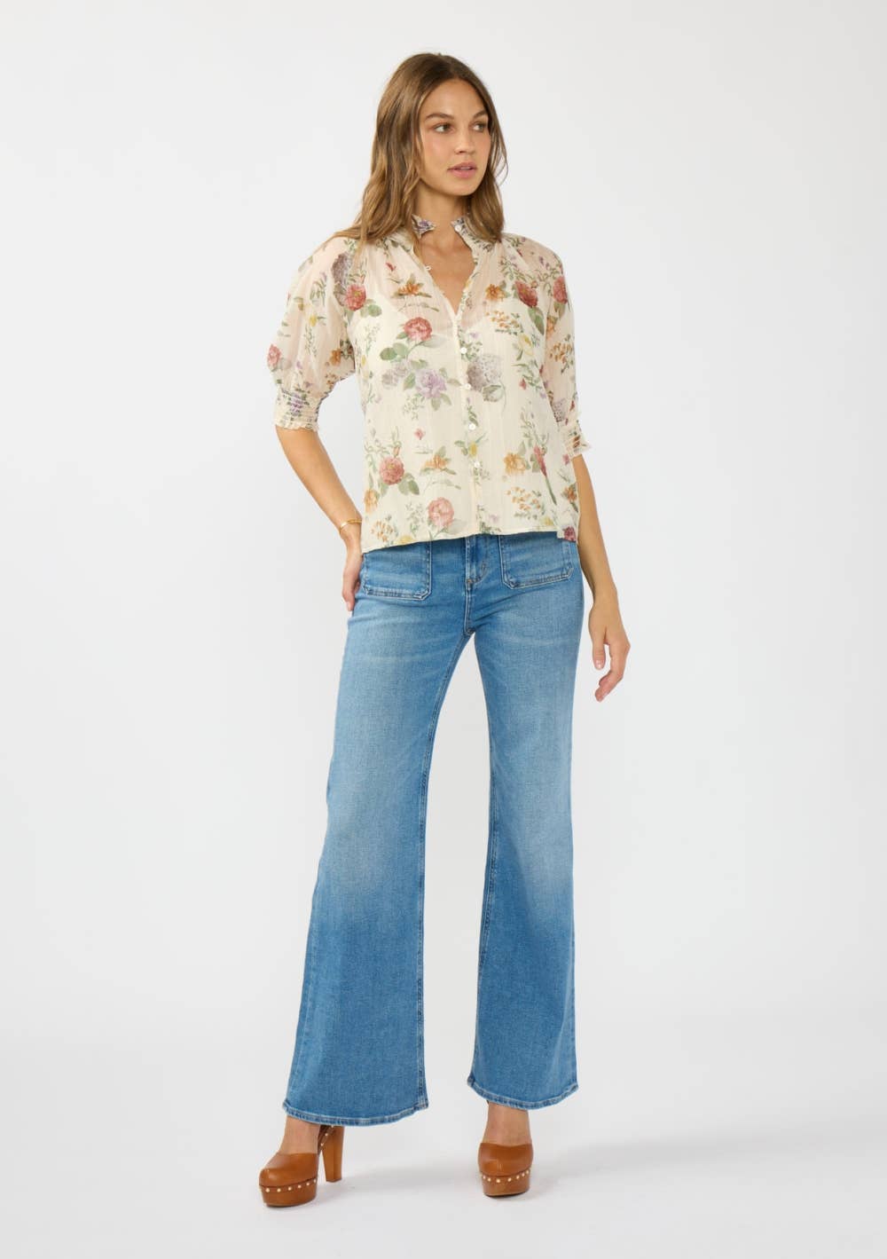 Farly Puff Sleeve Smocked Neck Button Down Top PREORDER