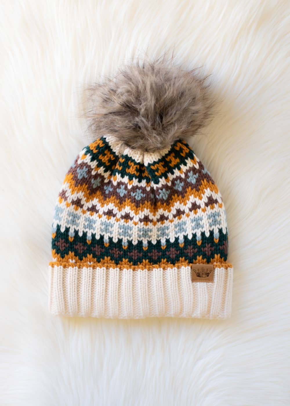 Liv Cream & Multicolored Patterned Pom Hat