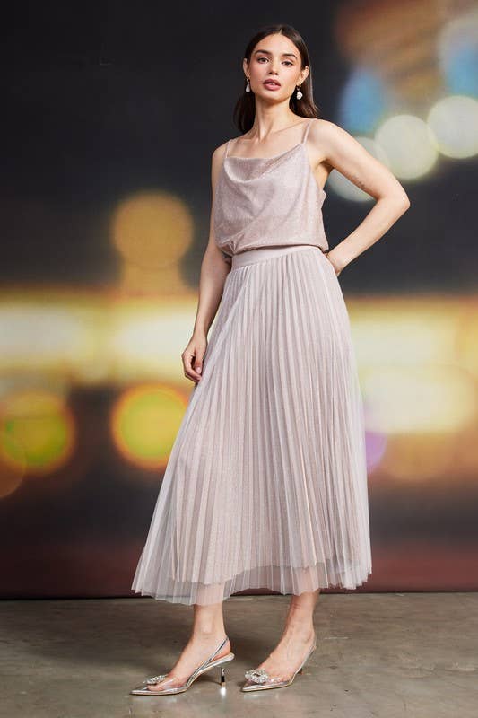 Angel Lurex Pleated Double Mesh Midi Skirt