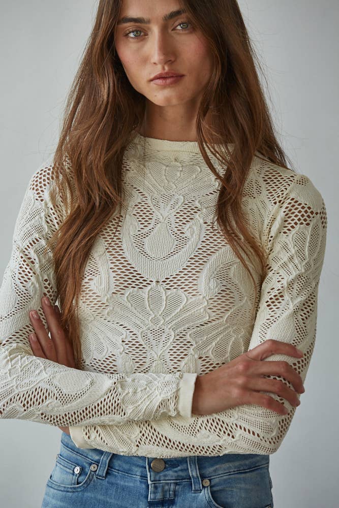 Leda Knit Seamless Jacquard Mock Neck Long Sleeve Top