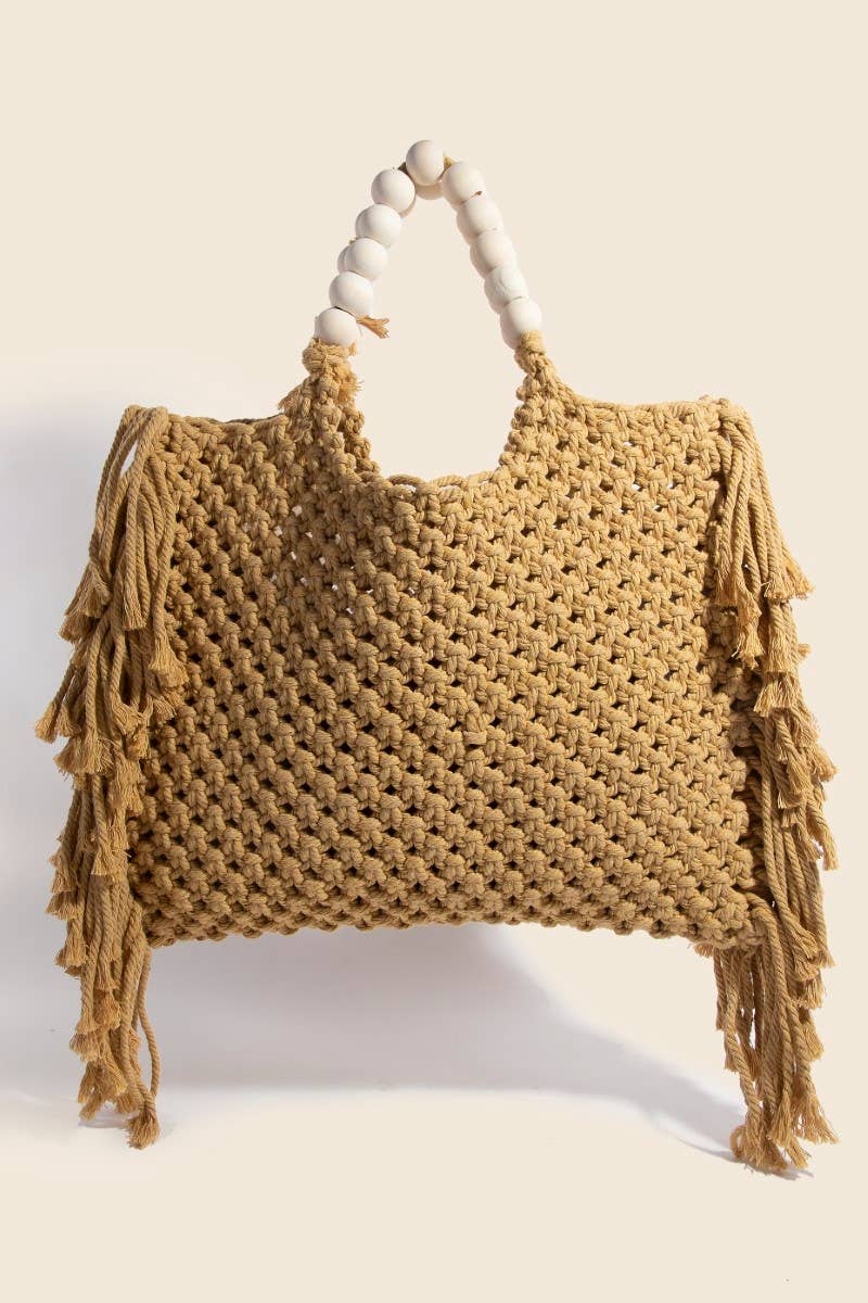 Benton Wooden Beaded Handle Braided Tote Bag