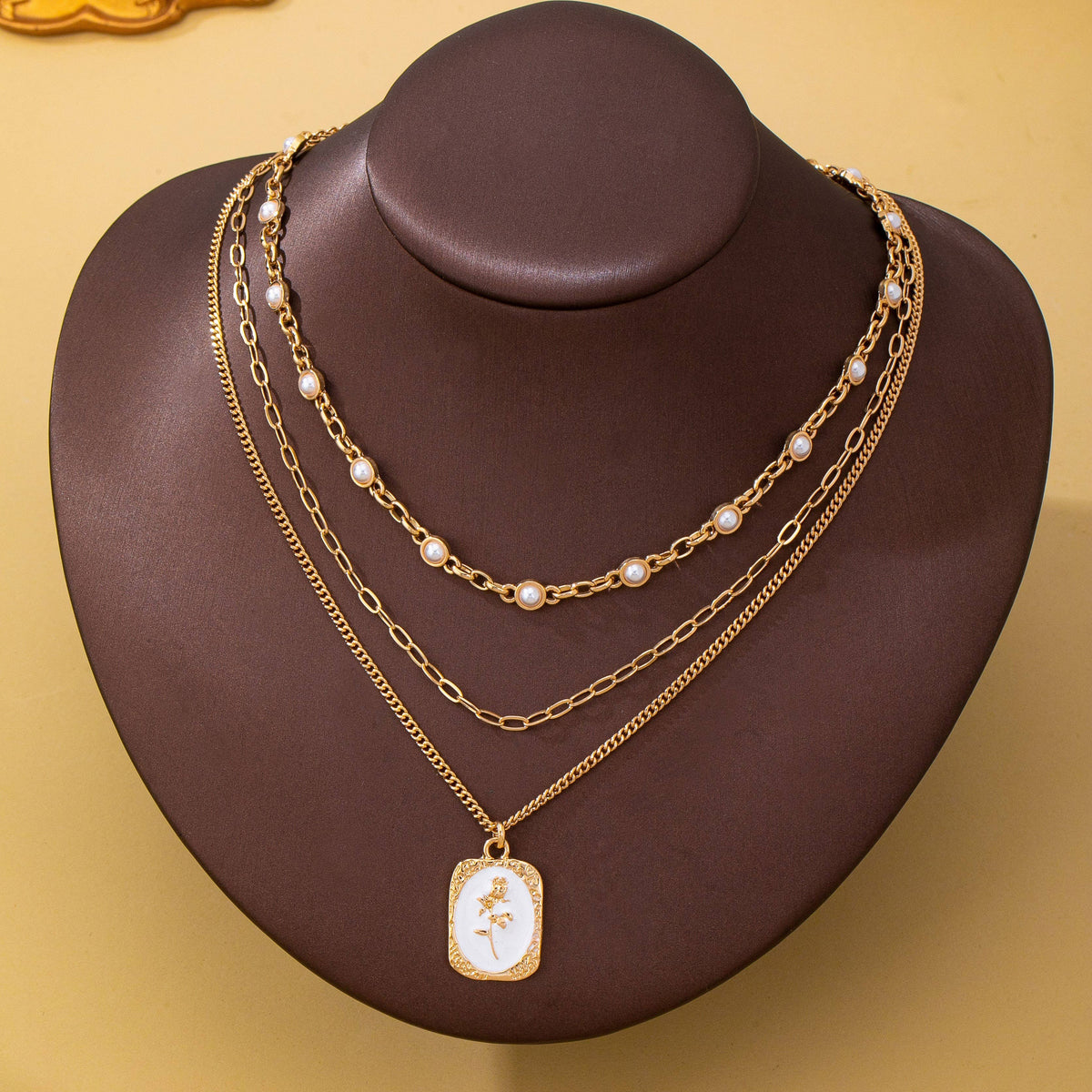Chloe Layered Enamel Pearl & Rose Tag Pendant Necklace