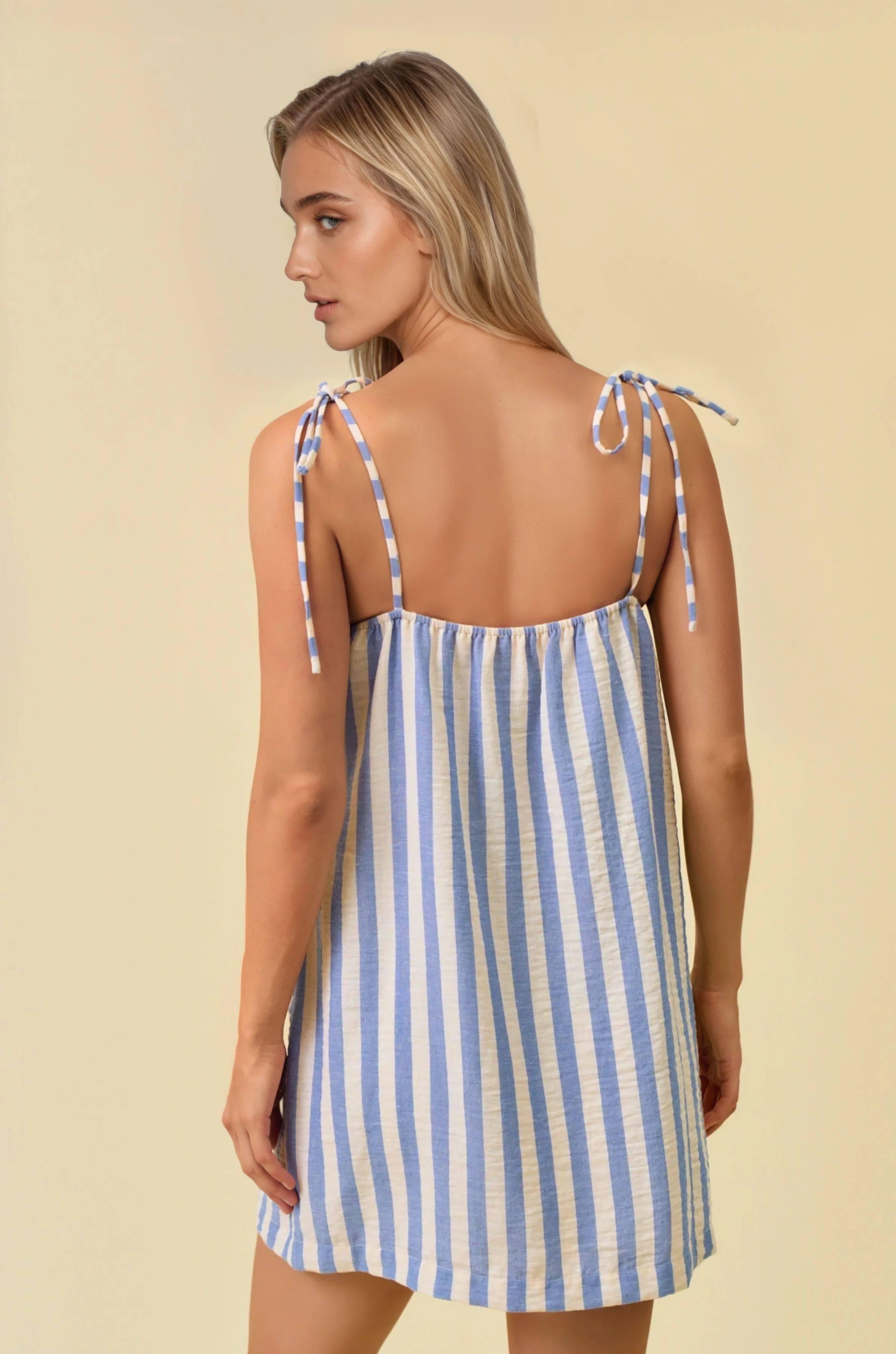 Lenox Stripe Gauze Tie Shoulder Mini Dress