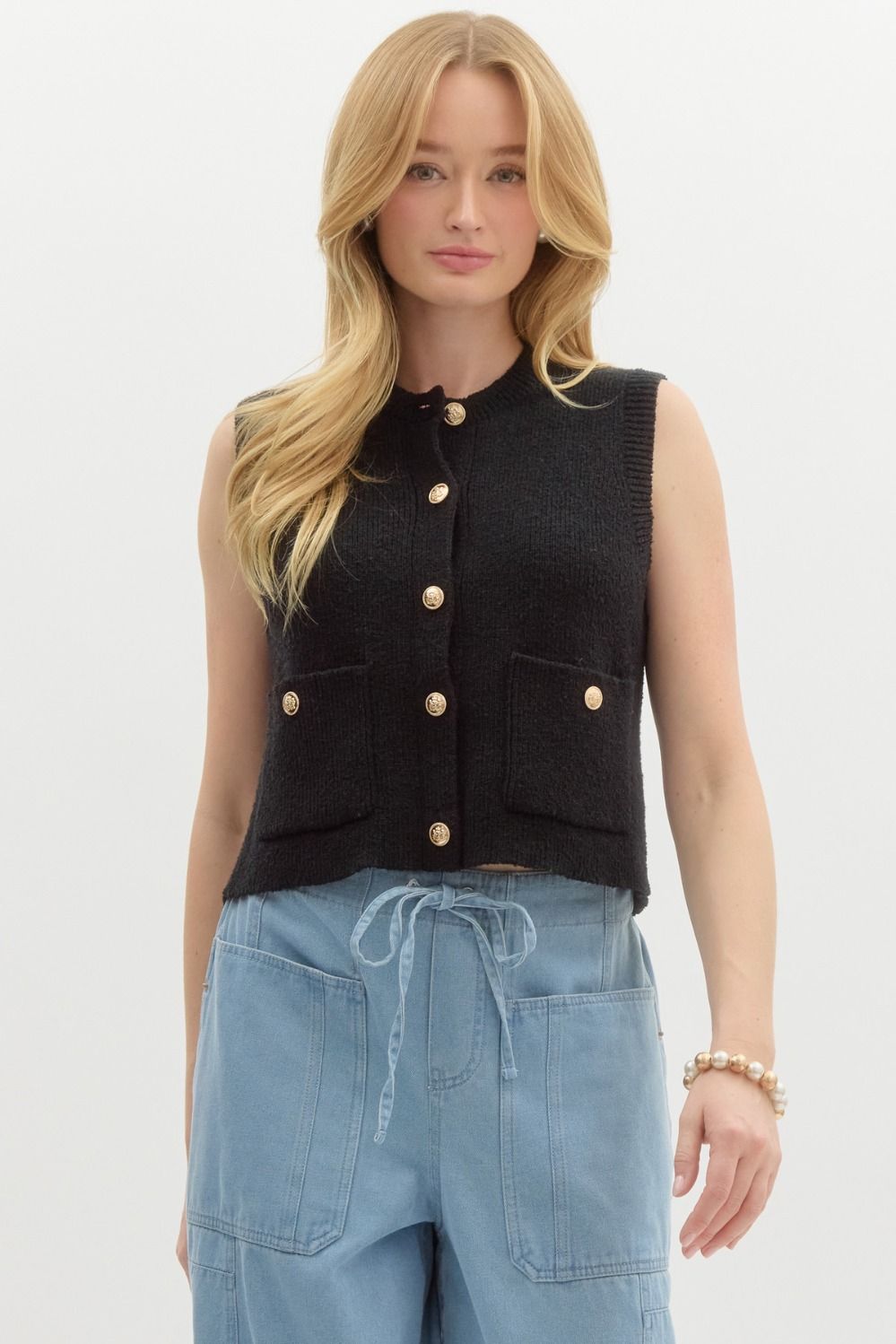 Hollie Button Black Sweater Vest Tank