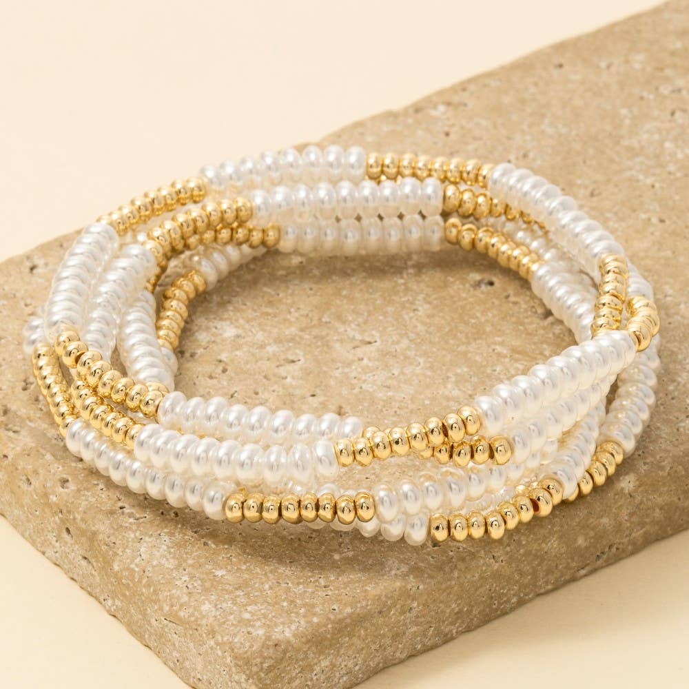 Valena Acrylic Pearl And Metallic Beaded Bracelet Set