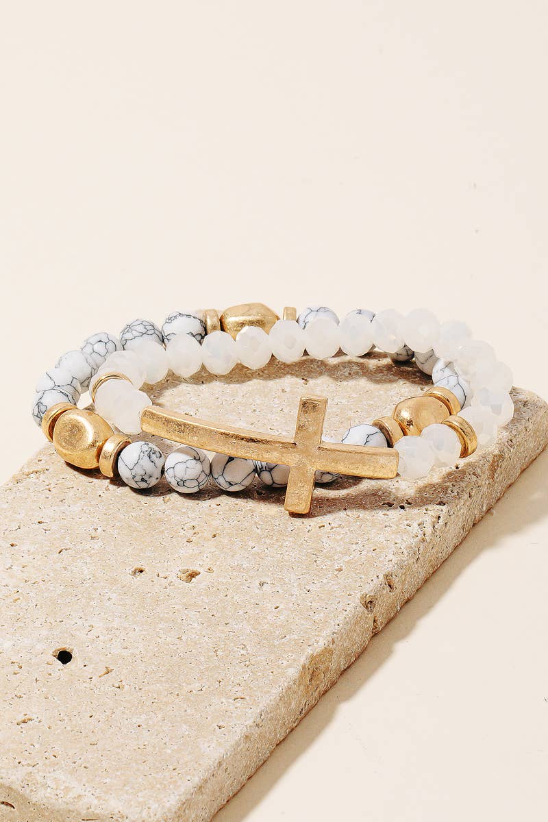 Sager Cross Charm Stone Beaded Bracelet Set