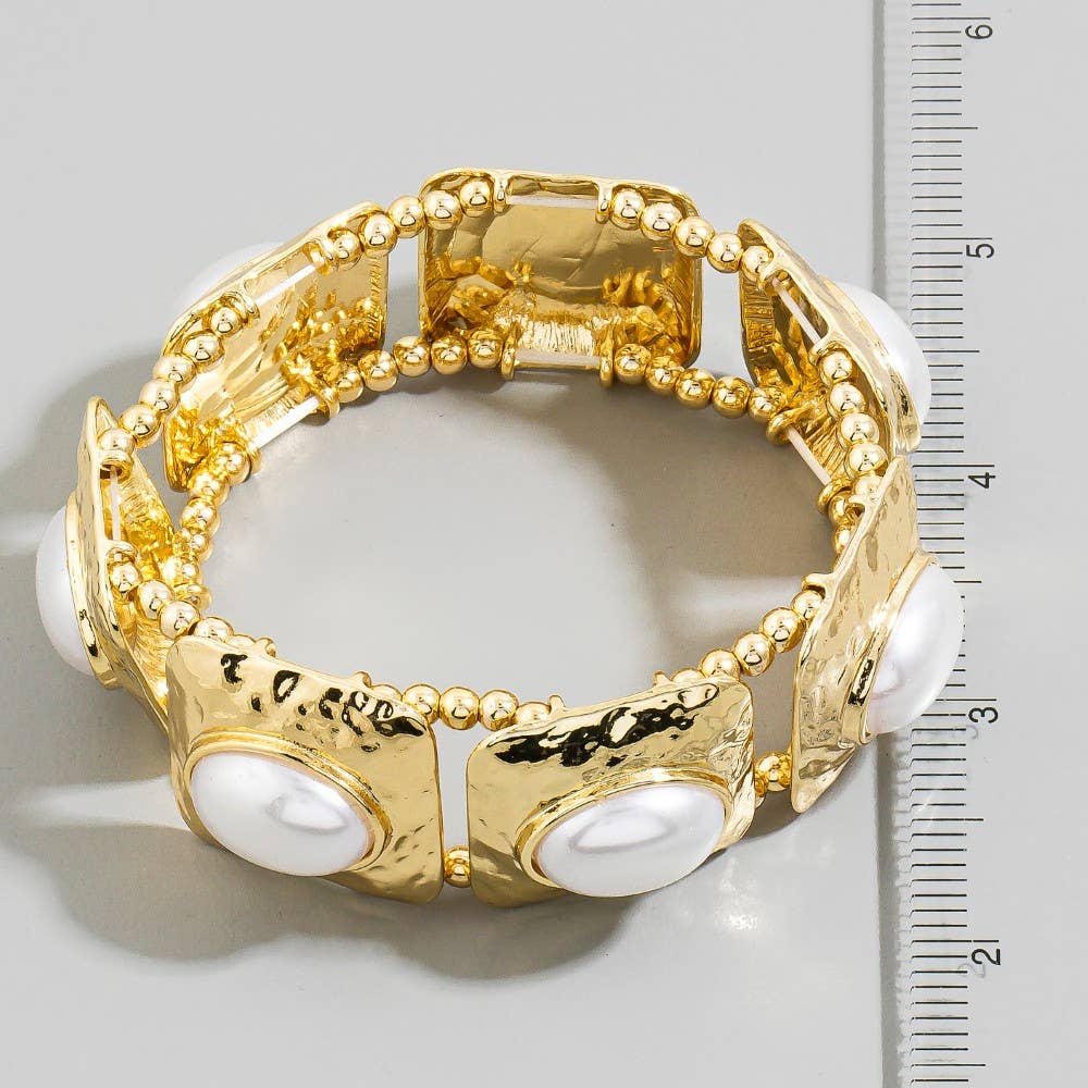 Anna Hammered Square & Pearl Stretch Bracelet