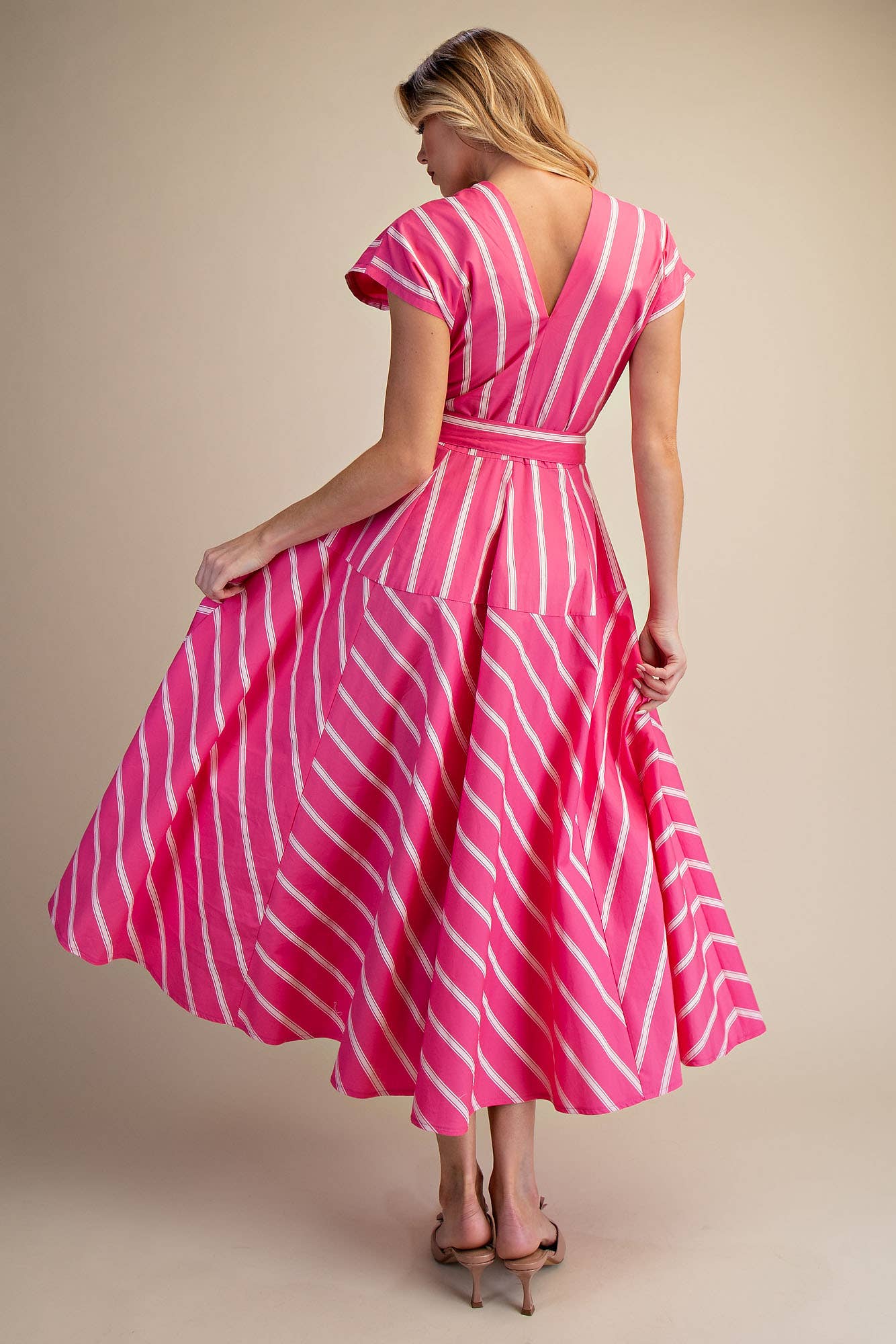 Mae V-Neck Drop Shoulder Waist Tie Midi Dress