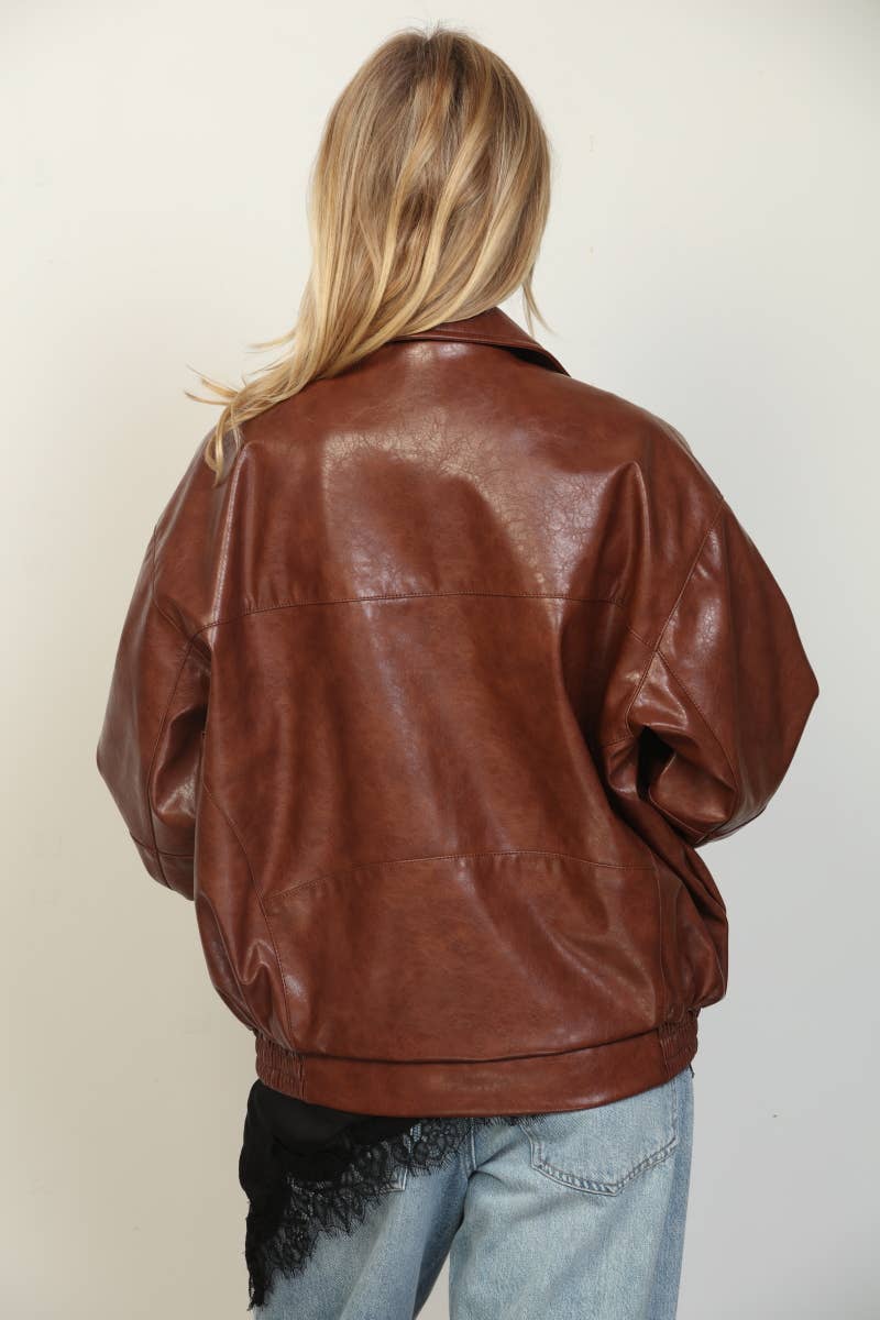 Mia Textured Faux Leather Oversized Bomber