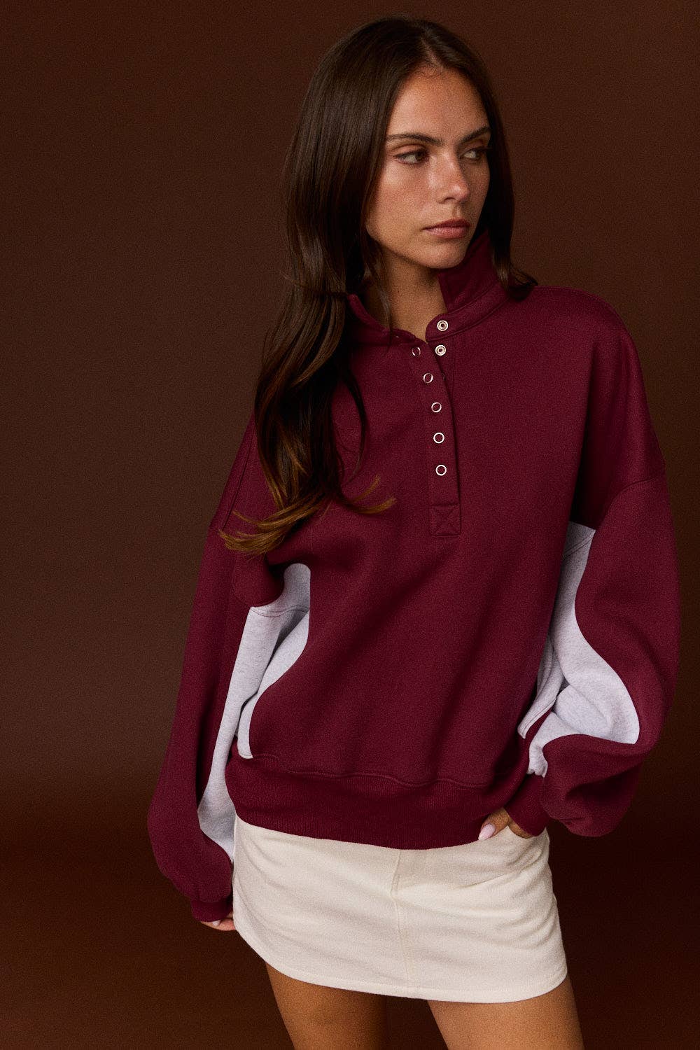 Amy Collar Half-Snap Contrast Sleeve Sweatshirt