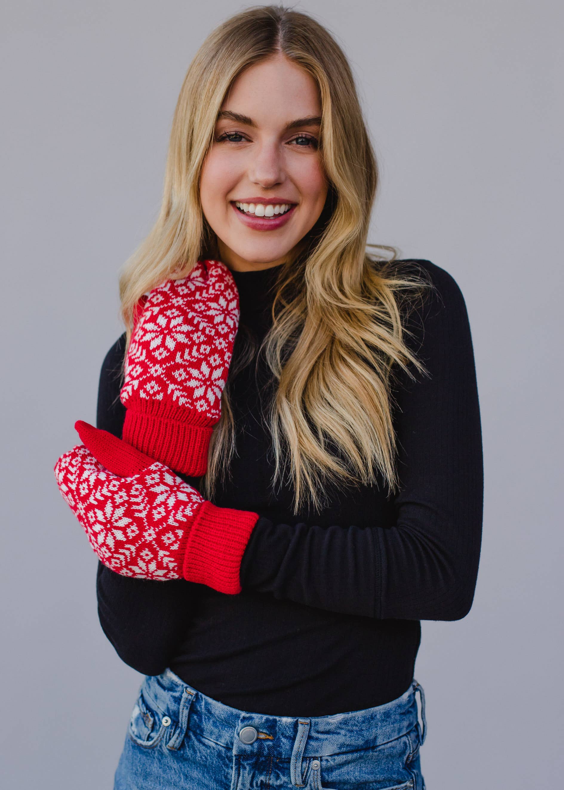 Remi Red & White Snowflake Knit Mittens