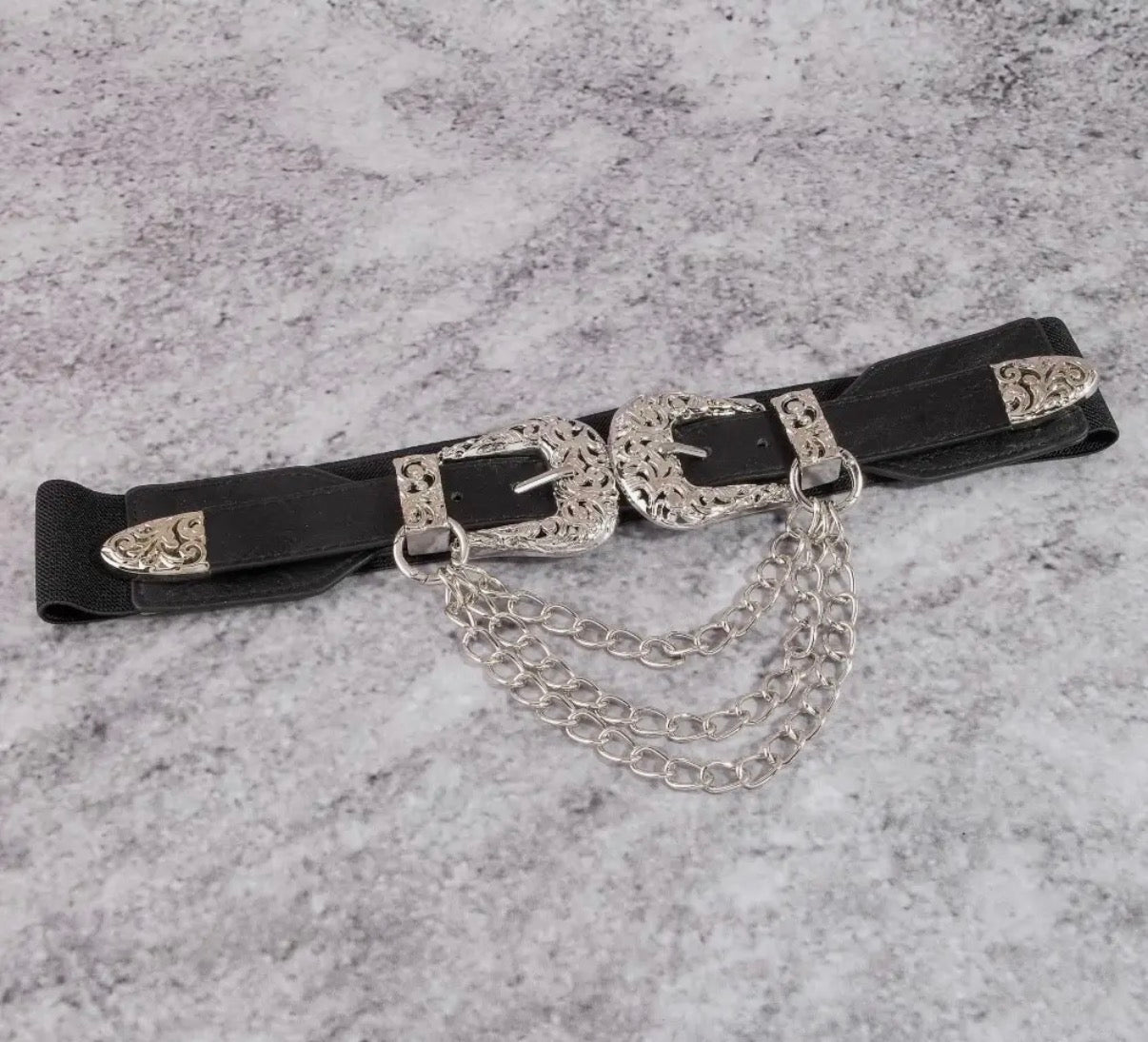 Avis Double Buckle Chain Detail Vegan Leather Belt