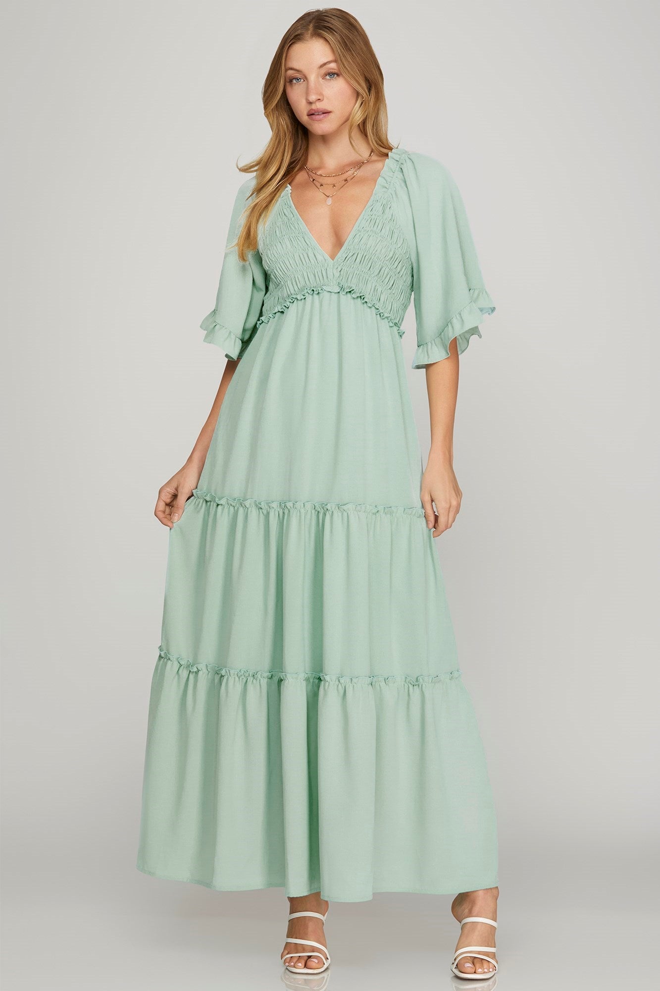 pastel green maxi dress Flutter Bell Sleeve Tiered Maxi Mint / S