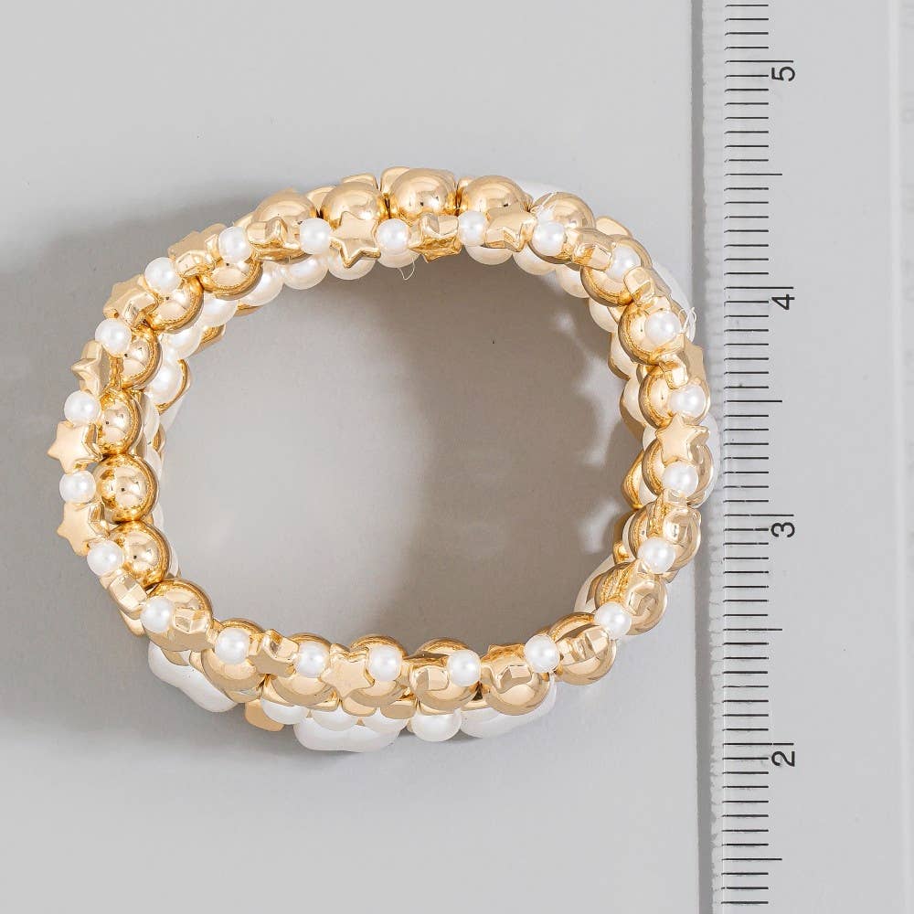Amos Metallic And Pearl Beaded Elastic Bracelet Set