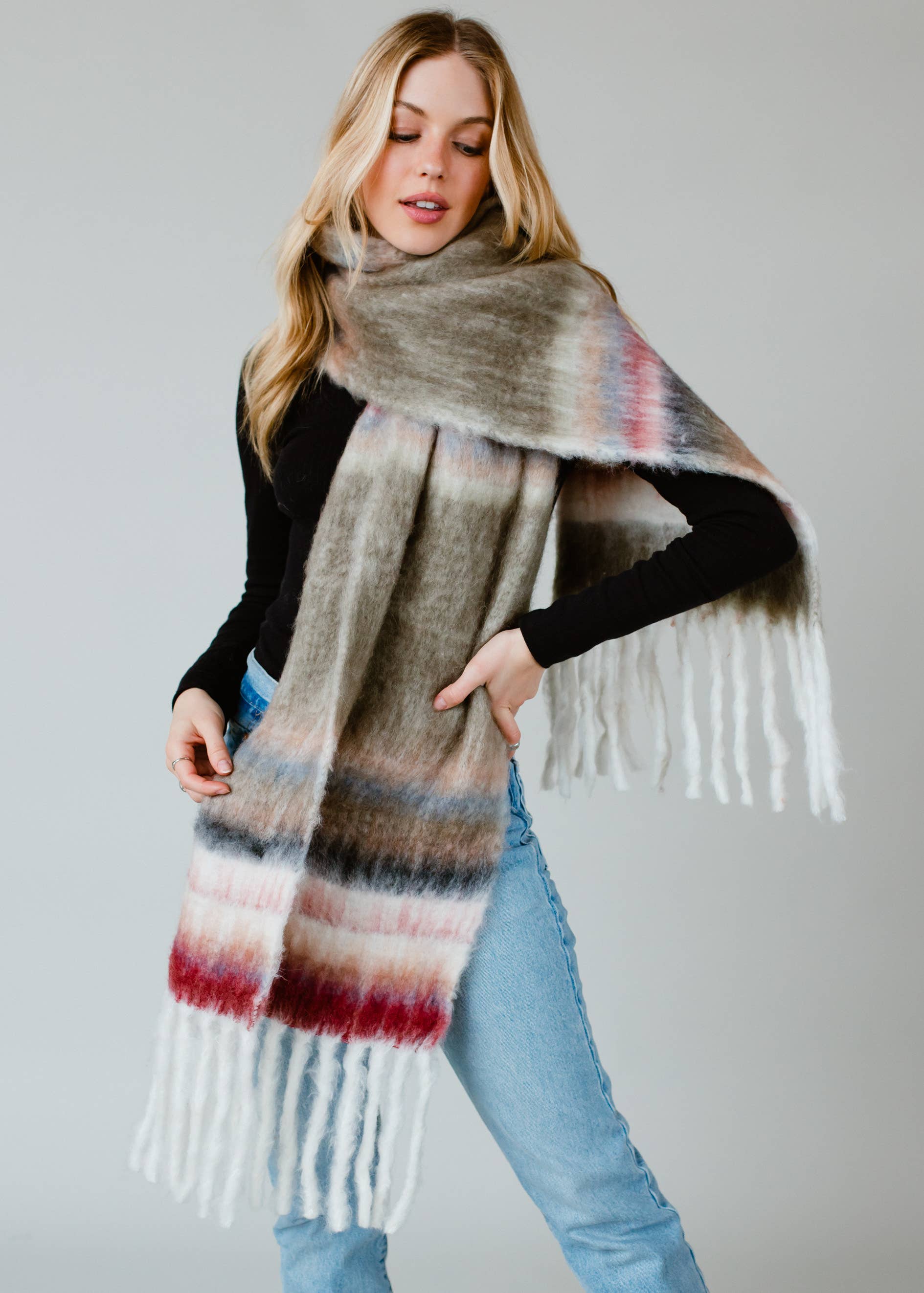 Voola Striped Scarf with Fringe