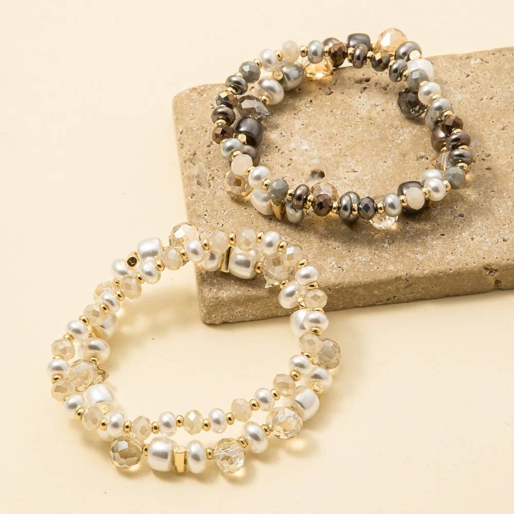 Flay Pearls And Faceted Beads Bracelet Set (2 Colors!)