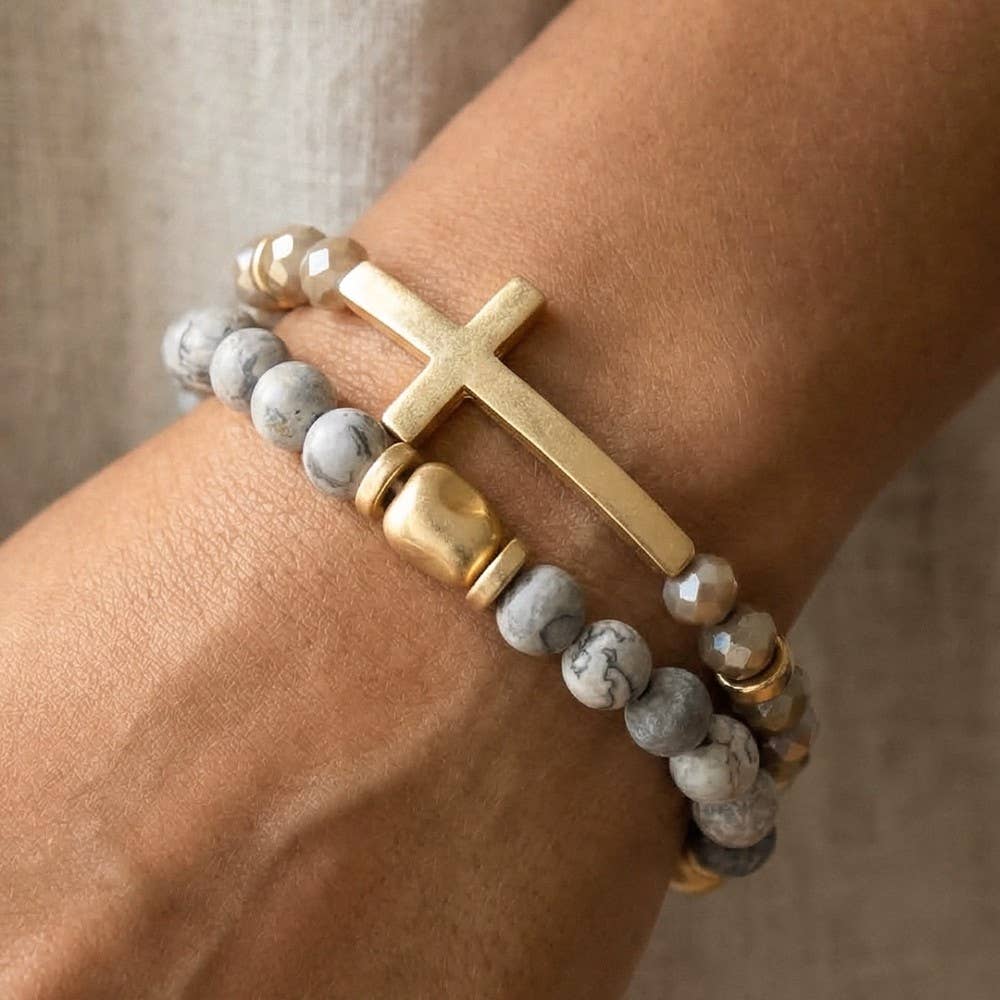 Sager Cross Charm Stone Beaded Bracelet Set