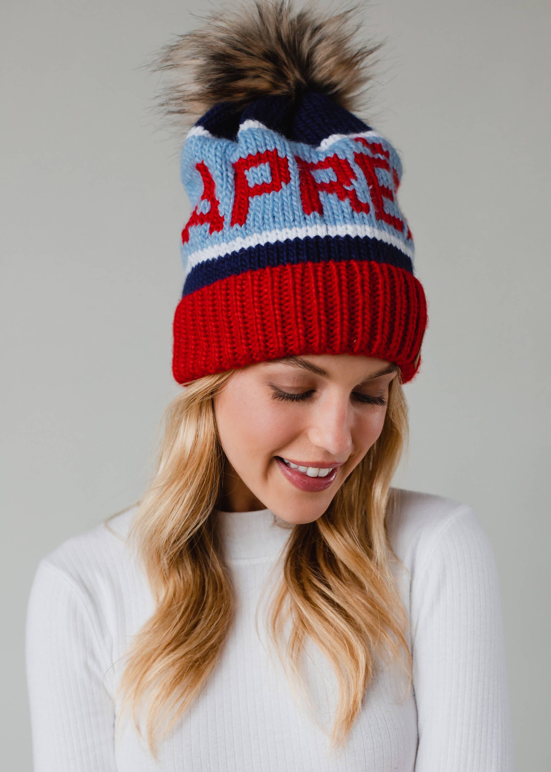 Livi Red, Lt. Blue & Navy Apres Pom Hat