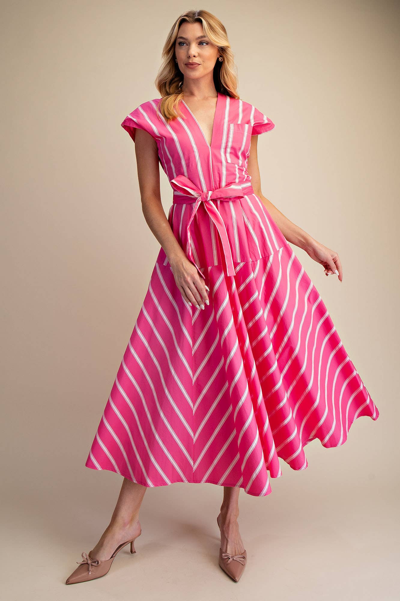 Mae V-Neck Drop Shoulder Waist Tie Midi Dress