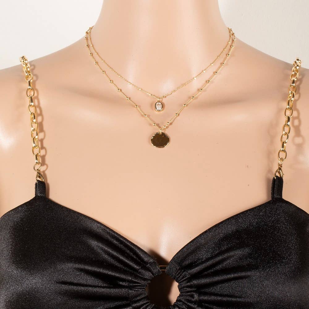 Ateena Coin And Oval Cz Charm Layered Chain Necklace (2 Colors!)
