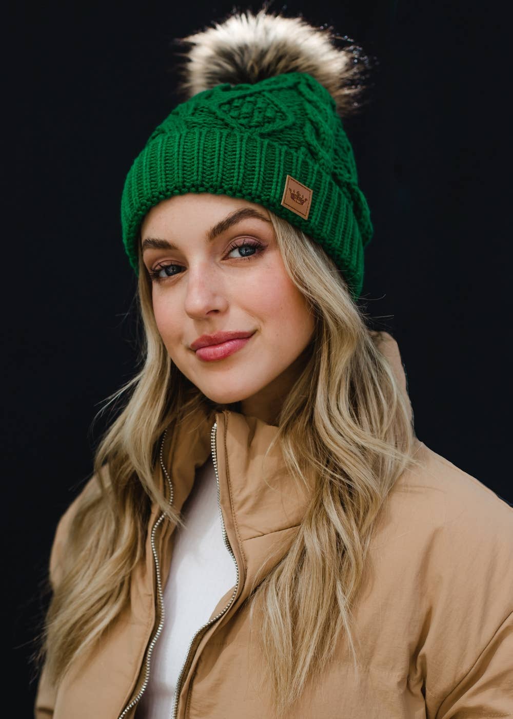 Luxi Classic Green Cable Knit Pom Hat