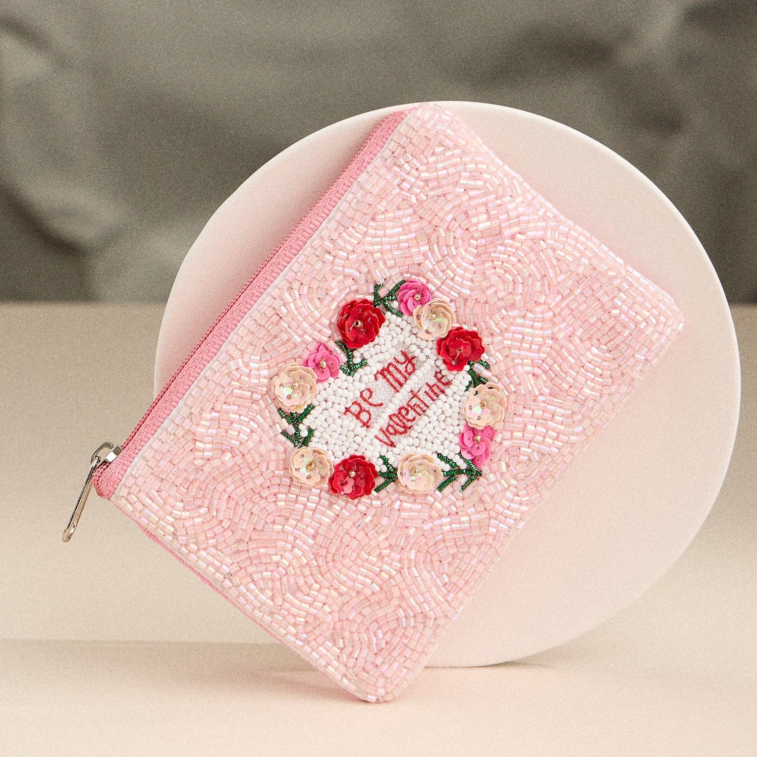 “Be My Valentine” Beaded Zip Pouch – Romantic Pink Floral Clutch FINAL SALE