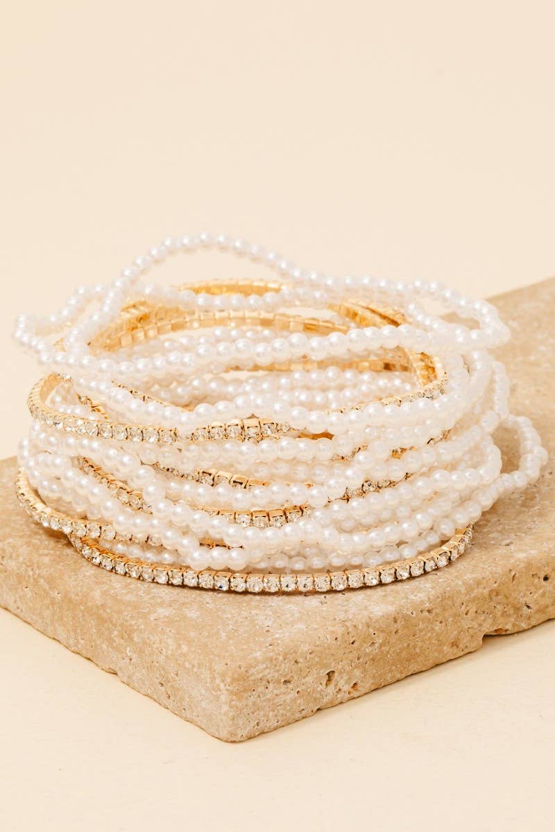 Biv Rhinestone And Pearl Beaded Bracelet Set