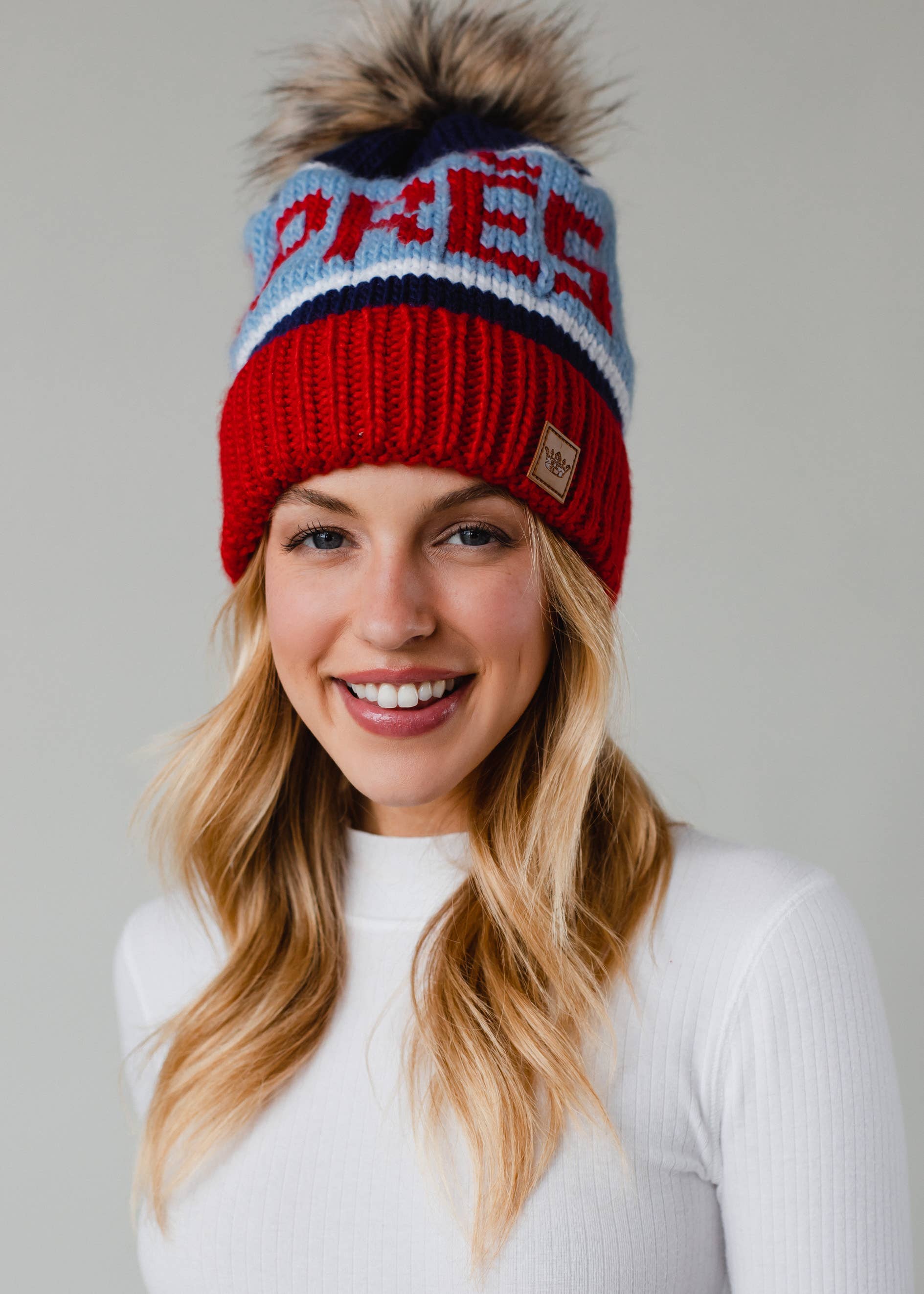 Livi Red, Lt. Blue & Navy Apres Pom Hat