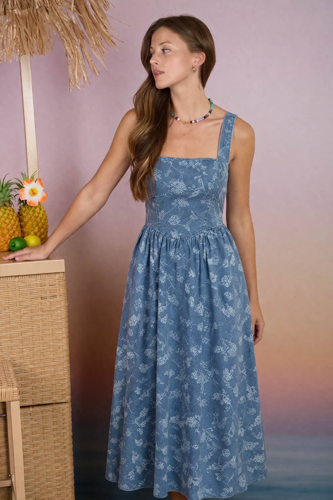 Blue Floral Square Neck Midi Dress