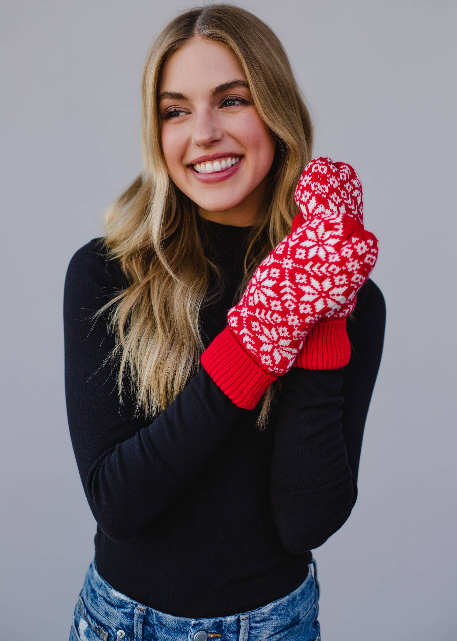 Remi Red & White Snowflake Knit Mittens