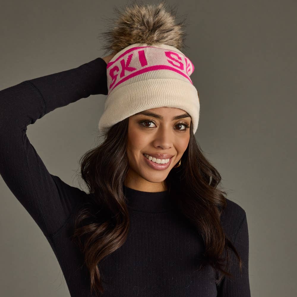 Bea Beige & Pink Ski Pom Hat