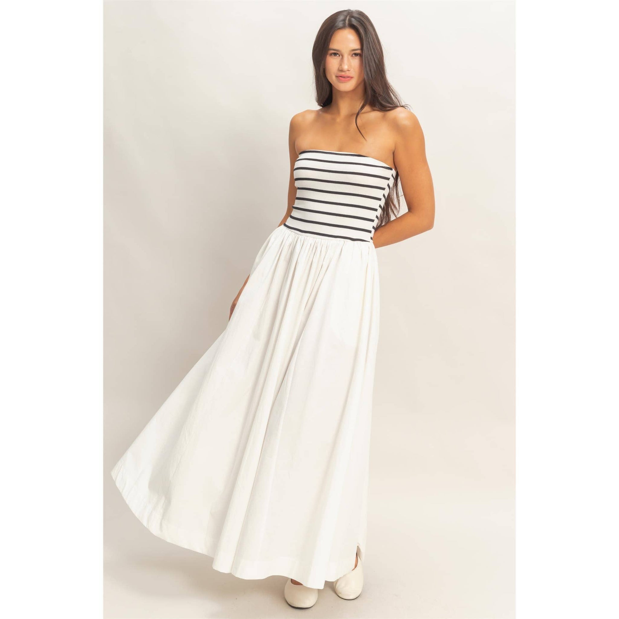 Striped Strapless Flowy Midi Dress Striped Strapless Flowy Midi Dress