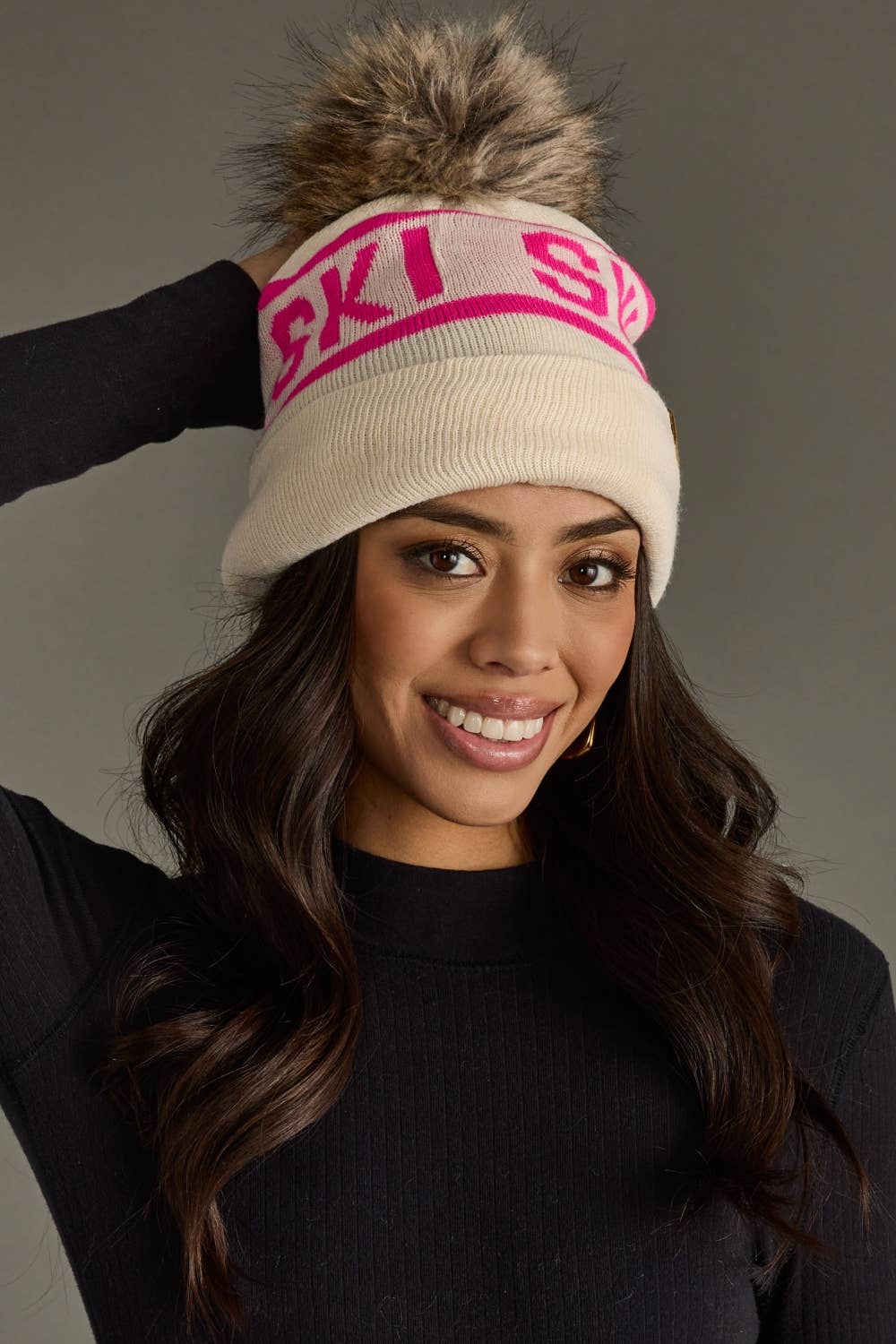 Bea Beige & Pink Ski Pom Hat