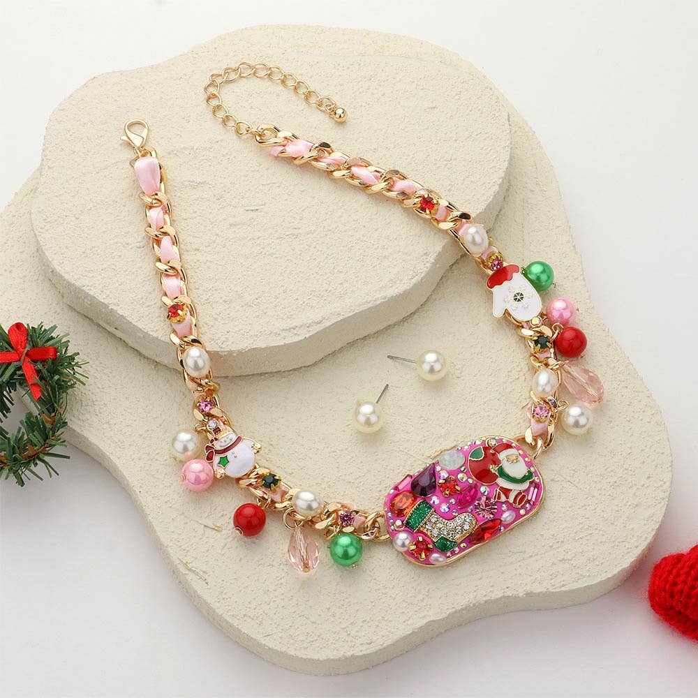 Christmas Plate Pendant Charm Ribbon Twisted Chain Necklace
