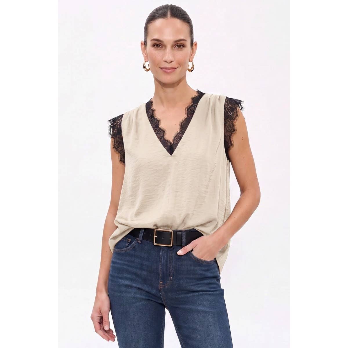 Neck Lace Trim Sleeveless Blouse