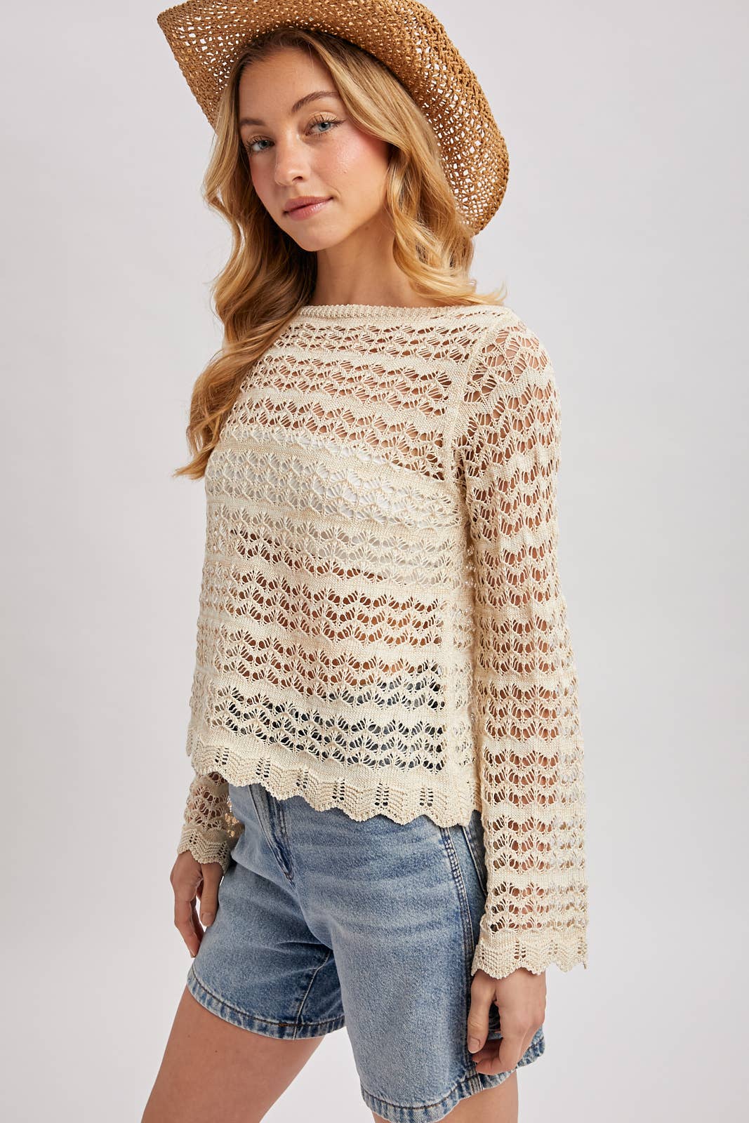 Valia Scallop Hem Pointelle Knit Top