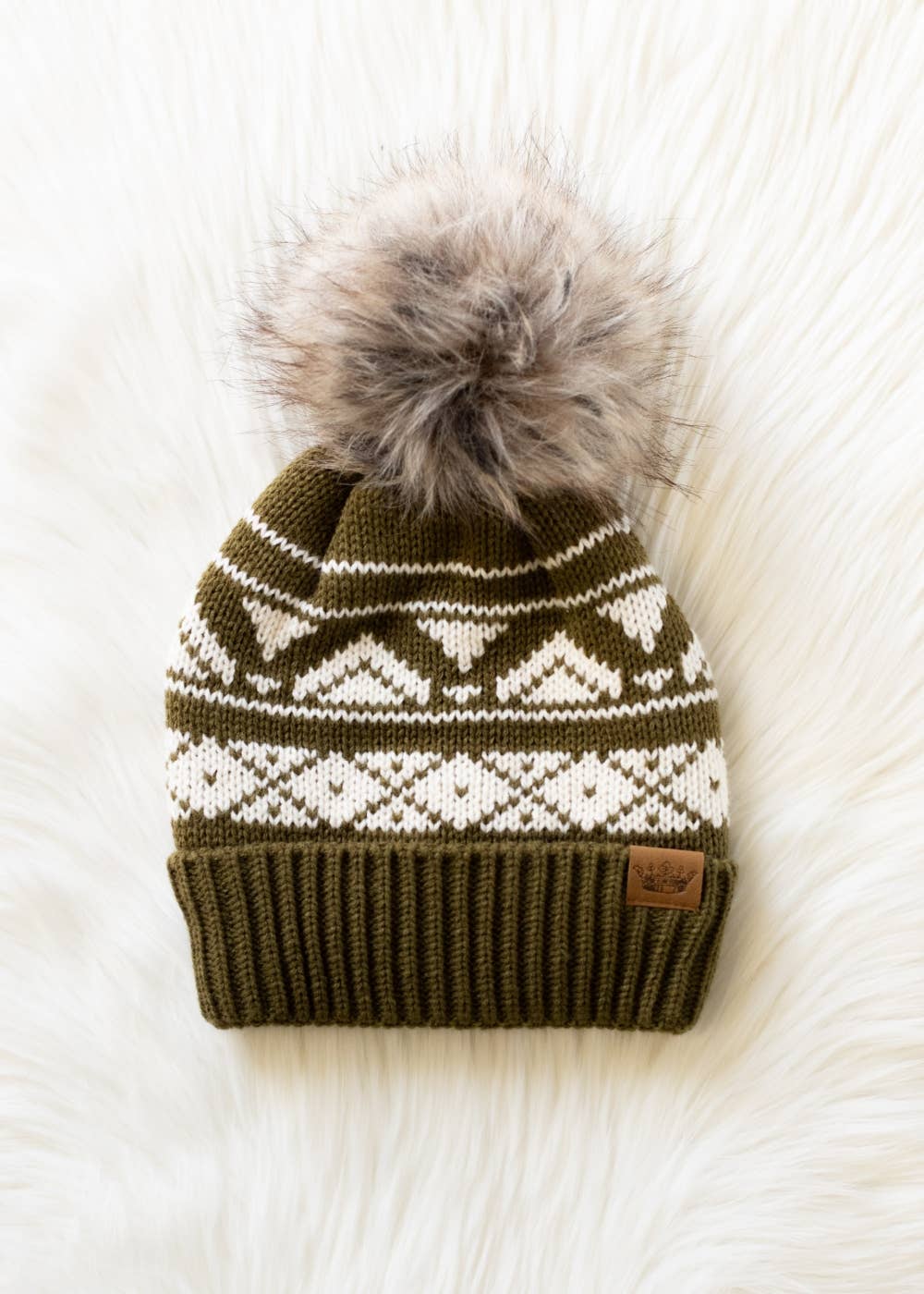 Loe Olive & Cream Patterned Pom Hat