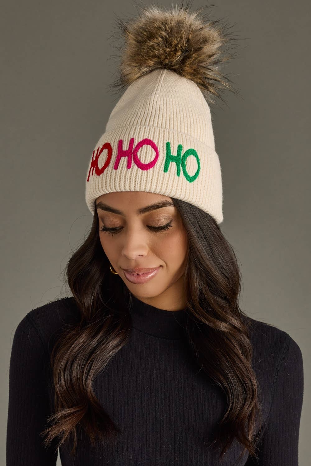 Lenny Beige Ho Ho Ho Knit Pom Hat