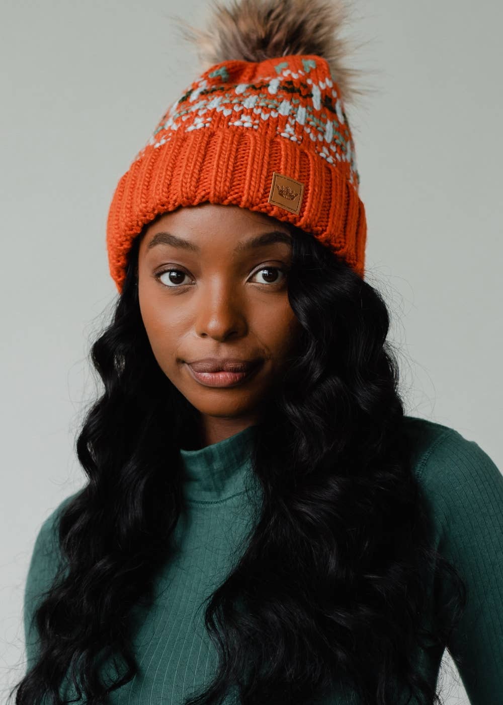 Libby Orange, Lt. Blue, Mint & Olive Patterned Pom Hat