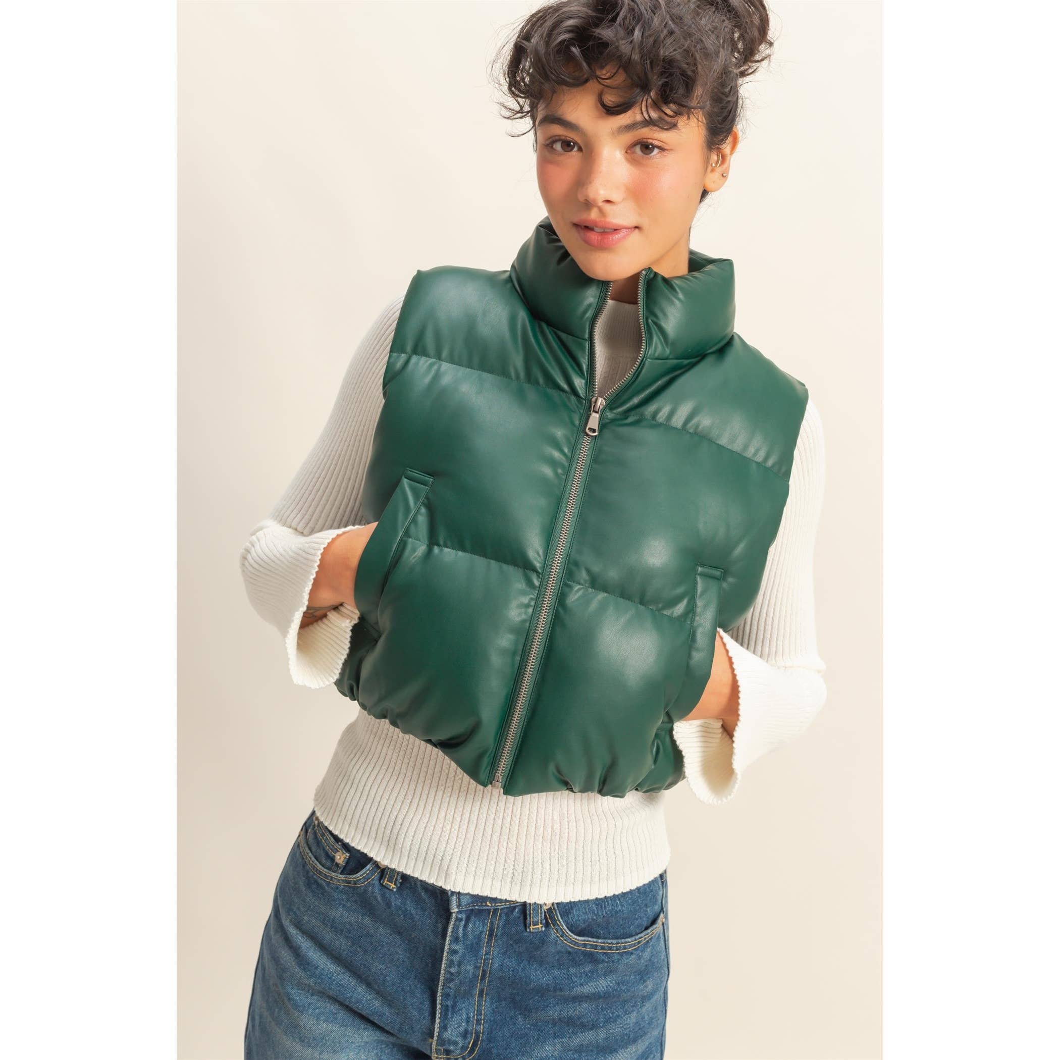 Hayden Faux Leather Cropped Puffer Green Vest