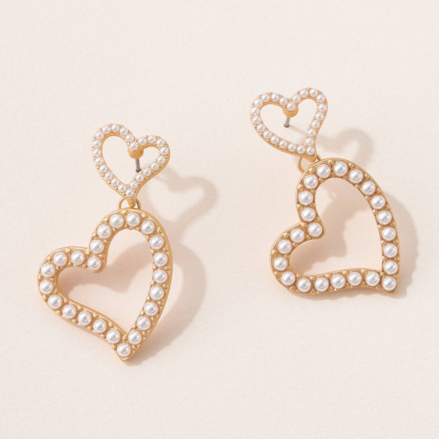 Holter Double Heart Pearl Post Earrings