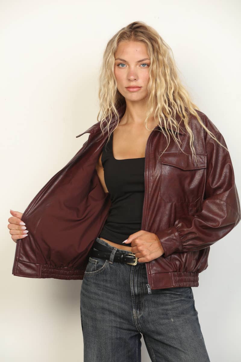 Mia Textured Faux Leather Oversized Bomber