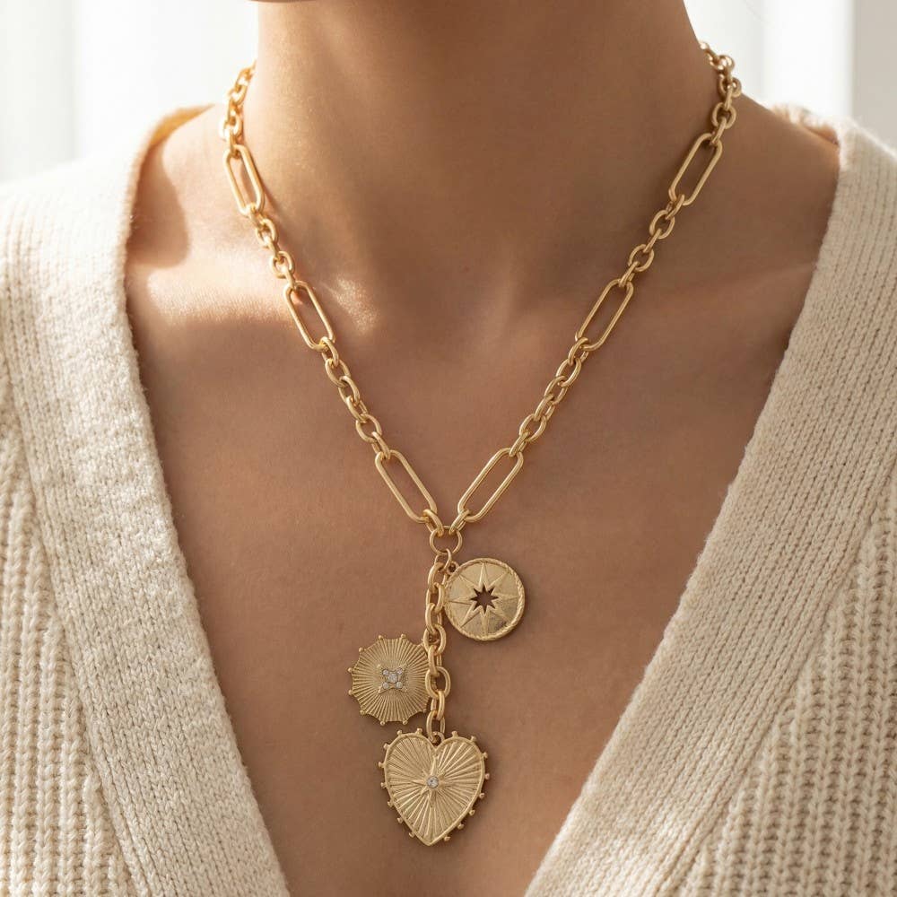 Sonnie Intricate Heart And Coin Pendants Chain Necklace