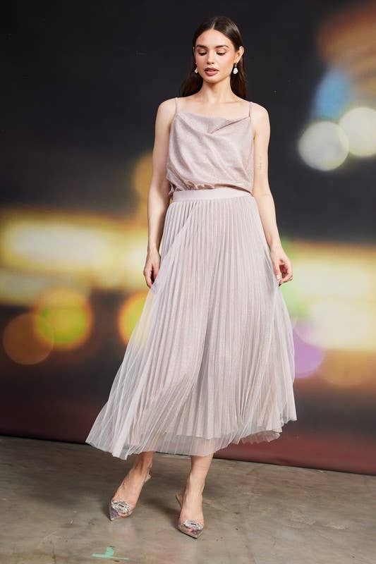 Angel Lurex Pleated Double Mesh Midi Skirt