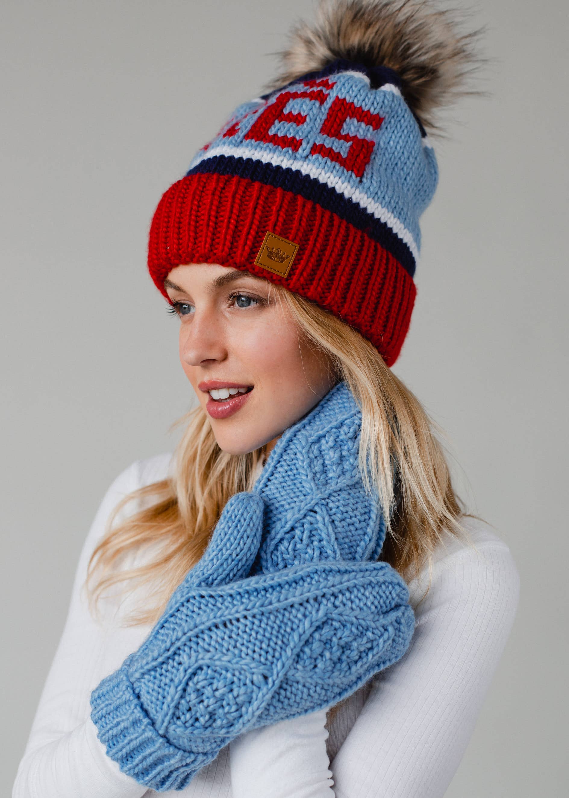 Livi Red, Lt. Blue & Navy Apres Pom Hat