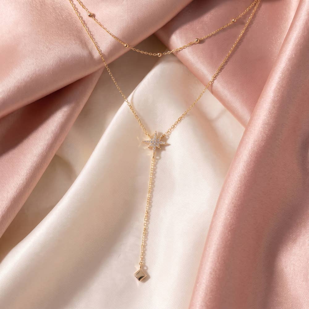 Sally Layered Pave Star Station Chain Y Necklace