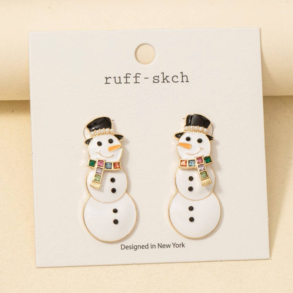 Christmas Enamel And Studs Snowman Drop Earrings