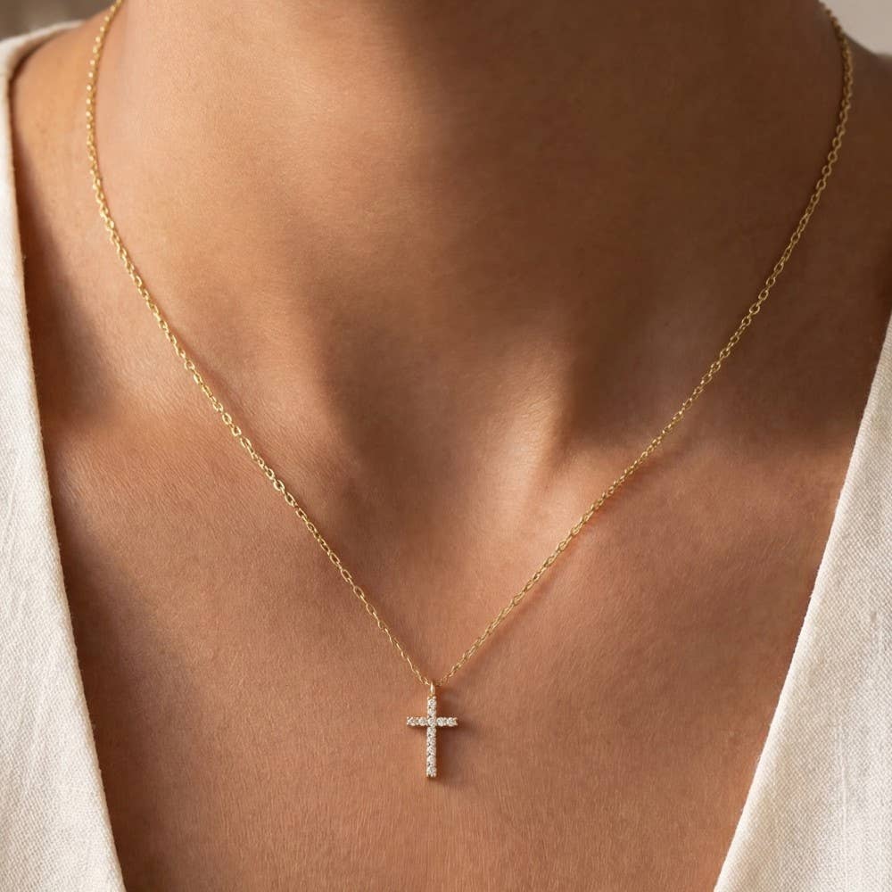 Amelia Gold Dipped Pave Min Cross Pendant Necklace