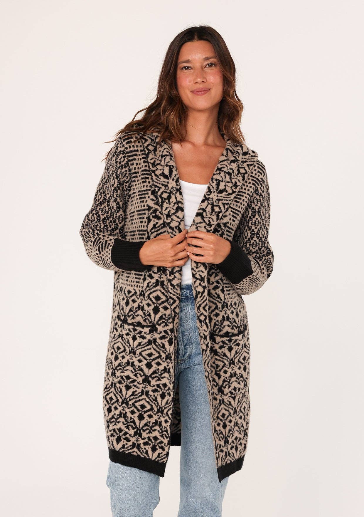 Forna Patchwork Jacquard Open Front Hoodie Cardigan PREORDER
