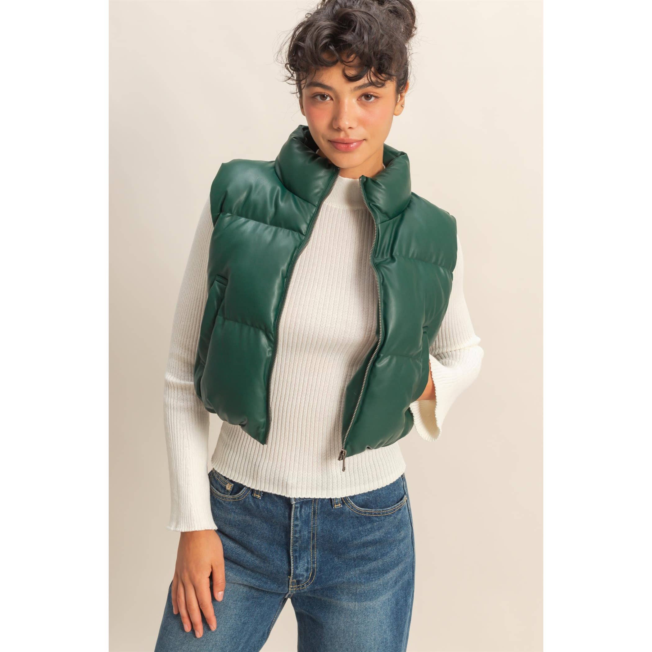Hayden Faux Leather Cropped Puffer Green Vest